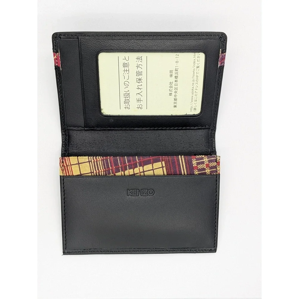 Kenzo Card Holder Wallet Black Leather Plaid Stripe Bifold Wallet ID Window New